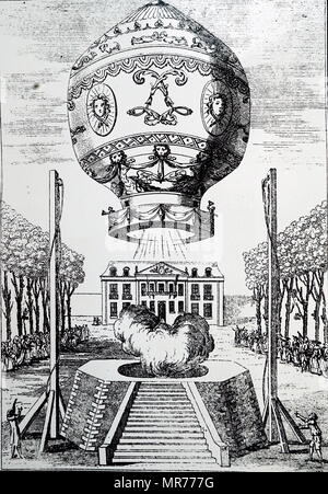 Incisione raffigurante il palloncino Montgolfier rendendo la sua ascesa al Chateau de la Muette. Inventato da Joseph-Michel Montgolfier (1740-1810) e Jacques-Étienne Montgolfier (1745-1799). Datata xviii secolo Foto Stock