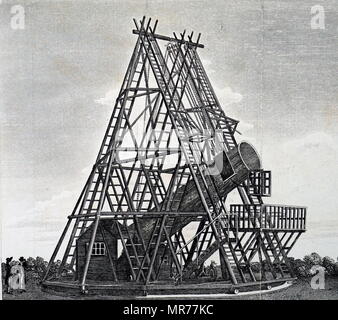 Incisione raffigurante William Herschel telescopio gigante che aveva una lunghezza focale di 40-piedi. William Herschel (1738-1822) un tedesco-nato astronomo britannico e compositore. Datata del XIX secolo Foto Stock