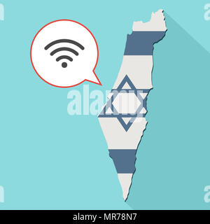 Illustrazione di una lunga ombra Israele mappa con la sua bandiera e un palloncino di fumetti con un segnale wifi segno Foto Stock