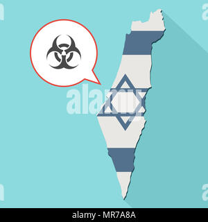 Illustrazione di una lunga ombra Israele mappa con la sua bandiera e un palloncino di fumetti con un segnale di rischio biologico Foto Stock