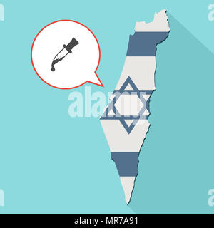 Illustrazione di una lunga ombra Israele mappa con la sua bandiera e un palloncino di fumetti con un coltello insanguinato Foto Stock