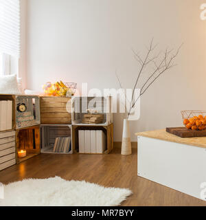 Un accogliente salotto in stile moderno con mobili fatti a mano e divano bianco Foto Stock