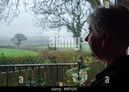 Signora guardando fuori della finestra in un giorno di pioggia Foto Stock