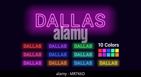 Nome neon della città di Dallas. Illustrazione Vettoriale di Dallas iscrizione costituito da contorni al neon, con retroilluminazione sullo sfondo scuro. Set di riferiscono a prodotti Illustrazione Vettoriale