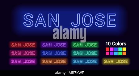 Nome Neon della citta' di San Jose. Illustrazione Vettoriale di San Jose iscrizione costituito da contorni al neon, con retroilluminazione sullo sfondo scuro. Set di dif Illustrazione Vettoriale