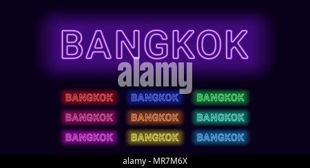 Nome neon della città di Bangkok. Illustrazione Vettoriale di Bangkok iscrizione costituito da contorni al neon, con retroilluminazione sullo sfondo scuro. Set di delta Illustrazione Vettoriale