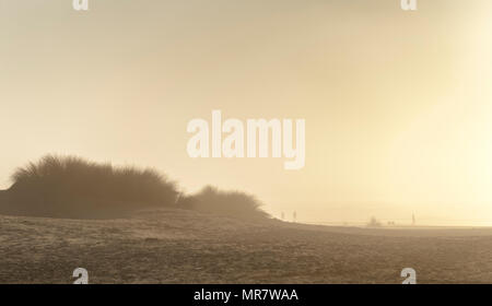 Newport,Oregon,Stati Uniti d'America - 25 Gennaio 2015: nebbia rotoli in come il sole affonda basso nel cielo sulla spiaggia costiera paesaggio. Sagome di persone vicino al Foto Stock