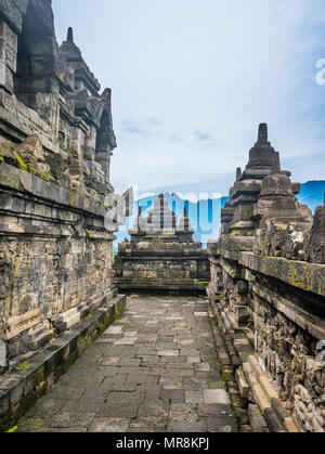 Balustraded corridoio con bassorilievi su entrambi i lati in corrispondenza del IX secolo tempio Buddhista di Borobudur e Java centrale, Indonesia Foto Stock