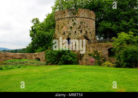 Un castello medioevale di circa 1138, ancora parzialmente intatto dopo secoli di unione meteo, qui in Monmouthshire, Galles Foto Stock