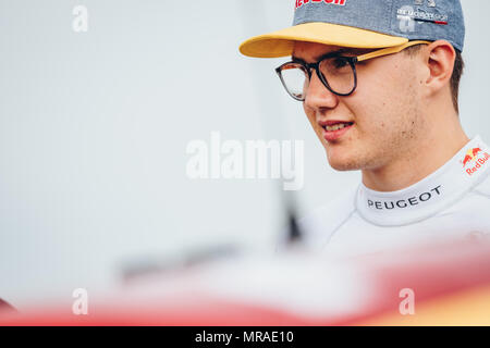 Towcester, Northamptonshire, Regno Unito. 26 Maggio, 2018. FIA World Rallycross conducente Kevin Hansen (SWE) e il Team Peugeot Total durante il FIA World Rallycross campionato a Silverstone (foto di gergo Toth / Alamy Live News) Foto Stock