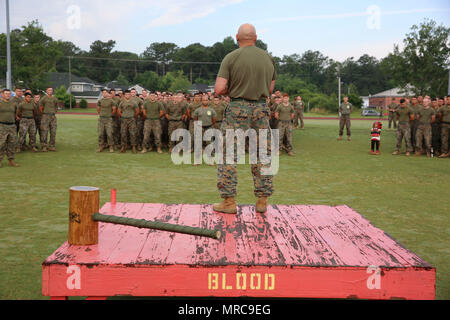 Col. Thomas Dodds dà l'aria marina gruppo di controllo 28 Marines qualche motivazione prima della loro athletic mietitrebbia al Marine Corps Air Station Cherry Point, N.C., Giugno 2, 2017. La mietitrebbia consisteva di diverse competizioni fisiche tra cui una staffetta, la pressa da banco, giavellotto, pull-up, pneumatico flip e Humvee push. Squadre di 20 Marines da ogni squadrone nell'aria del gruppo di controllo hanno gareggiato nella mietitrebbia. Dodds è il comandante della MACG-28. (U.S. Marine Corps photo by Lance Cpl. Cody limoni/rilasciato) Foto Stock