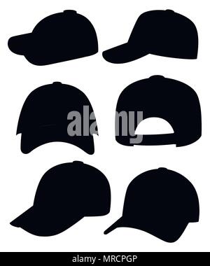 Silhouette nera. Berretto da baseball. Raccolta di vari tappi. Cappelli estivi per bambini e adulti. Stile Cartoon design. Illustrazione di vettore isolato su Illustrazione Vettoriale