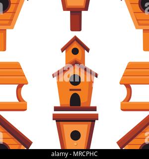 Modello senza giunture di birdhouses in legno. Nesting scatole in stile cartone animato. Edificio in casa per gli uccelli, oggetti fatti a mano. Appartamento illustrazione vettoriale su bianco ba Illustrazione Vettoriale