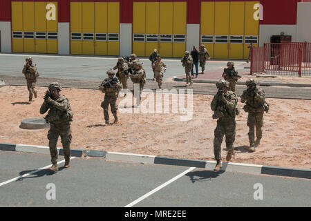 Fanti e della cavalleria scout dal 3° Battaglione, 8 reggimento di cavalleria, 3° Brigata corazzate contro la squadra, 1° Divisione di cavalleria eseguire fino a finti violato le mura della città durante un esercizio di partenariato in Asia sud-ovest. Durante l'esercizio, i soldati hanno cancellato le stanze ed edifici, somministrati tactical combat casualty care, condotta casualty evacuazione e la condotta delle operazioni di stabilizzazione. (U.S. Foto dell'esercito da Staff Sgt. Lia R. Kilpatrick, 3° Brigata corazzate contro Team Public Affairs Office, 1° Divisione di cavalleria (rilasciato) Foto Stock