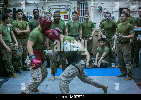 USS SOMERSET, in mare (13 aprile 2017) DEGLI STATI UNITI Marines con xi Marine Expeditionary Unit, guardare un incontro di pugilato tra Marines durante un Marine Corps Arti Marziali programma (MCMAP) sessione di formazione a bordo della USS Somerset (LPD 25), Aprile 13. Oltre all'aspetto fisico di MCMAP, Marines anche discutere un tie-in tema come: leadership, operazioni di combattimento o guerriero ethos, che aiuta a mantenere la disciplina mentale e lo sviluppo del personaggio. Xi MEU è operante negli Stati Uniti 7 flotta area di responsabilità a sostegno della sicurezza marittima, della libertà di navigazione e securi regionale Foto Stock