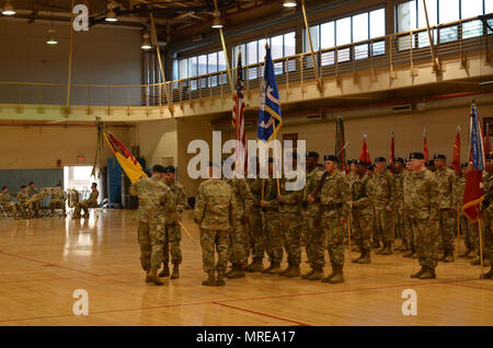 Lt. Gen. Thomas vandalo, Ottava Armata comandante generale, passa la brigata di colori al Col. Richard Wright durante la trentacinquesima difesa aerea della brigata di Artiglieria del cambiamento di cerimonia di comando 9 Giugno a Osan Air Base, Corea del Sud. Col. Richard Wright ha assunto il comando della trentacinquesima ADA BDE da Col. Contrassegnare Holler. (U.S. Foto dell'esercito da Cpl. Mincheol Chang) Foto Stock