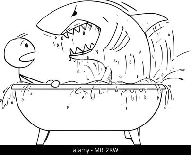 Cartoon di uomo attaccato da squalo nel suo bagno bagno Illustrazione Vettoriale