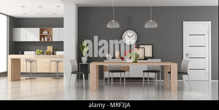 Moderna sala da pranzo con cucina sullo sfondo - il rendering 3D Foto Stock