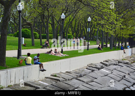 Visitatori sedersi sulla parete di rottura al Milton Lee Olive Park di Chicago del quartiere Streeterville, una penisola di terra appena a nord di Navy Pier. Foto Stock