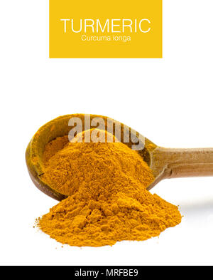La curcuma in polvere. Curcuma o Curcuma è la spezia che dà al curry il suo colore giallo. Esso è stato utilizzato in India da migliaia di anni come una spezia e Foto Stock