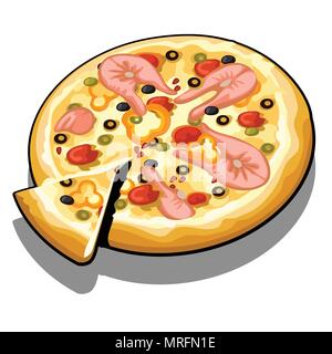 Pizza con fette di trote sulla superficie isolata su sfondo bianco. Illustrazione Vettoriale. Illustrazione Vettoriale