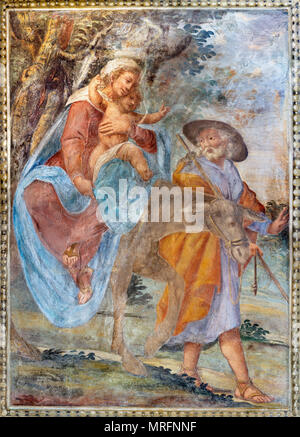 PARMA, Italia - 16 Aprile 2018: l'affresco della fuga in Egitto nella Chiesa di Santa Croce di Giovanni Maria Conti della fotocamera (1614 - 1670). Foto Stock