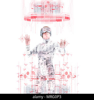 Realtà virtuale utente maschio bianco / 3D illustrazione della figura maschile in marcia virtuale lavora in bianco luminoso ambiente virtuale Foto Stock