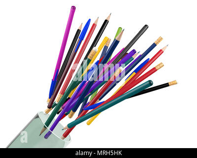 Gruppo di penne, matite, pastelli rimbalza da vetro trasparente, elementi di cancelleria Foto Stock