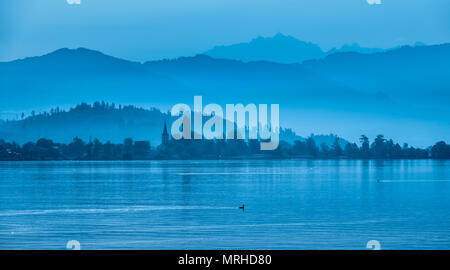 L'affascinante villaggio di Busskirch (Kirchdorf) su una mattinata nebbiosa, Rapperswil-Jona, Sankt Gallen, Svizzera. Situato in un idilliaco lago riva del Foto Stock