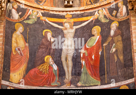 PARMA, Italia - 16 Aprile 2018: il medievale affresco della Crocifissione in Battistero. Foto Stock