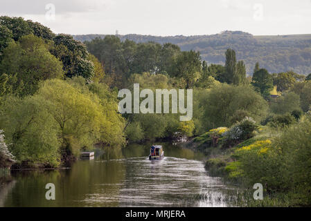 Un uomo solitario manzi il suo stretto canale barca lungo il fiume Avon in Worcestershire, Inghilterra. Foto Stock