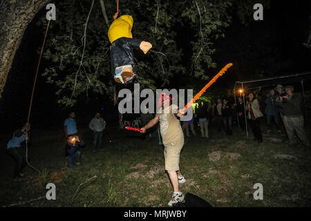 Fotoreporter Luis Gutierrez de Norte foto e biologi provenienti dagli Stati Uniti e Messico, strappo con un bastone di legno, un Donald Trump piñata. Foto Stock