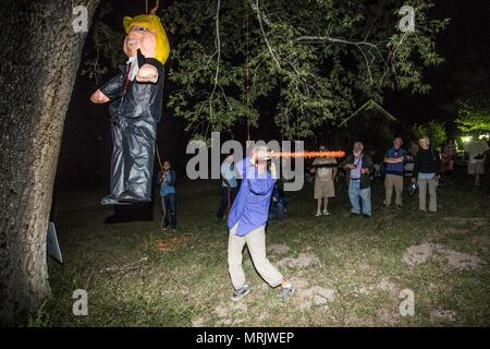 Fotoreporter Luis Gutierrez de Norte foto e biologi provenienti dagli Stati Uniti e Messico, strappo con un bastone di legno, un Donald Trump piñata. Foto Stock