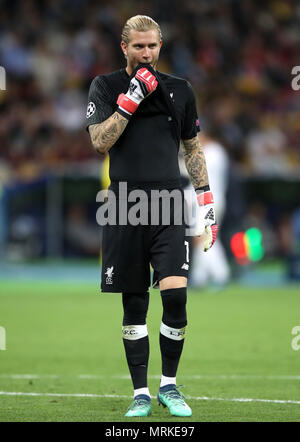 Liverpool portiere Loris Karius reagisce dopo la finale di UEFA Champions League alla NSK Olimpiyskiy Stadium, Kiev. Foto Stock