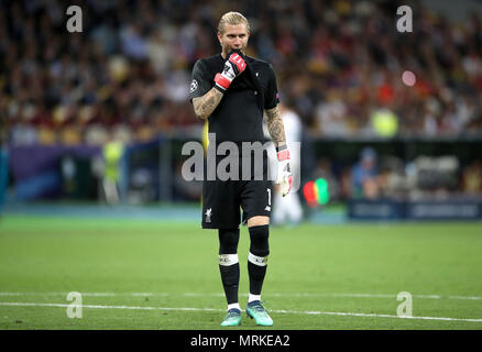 Liverpool portiere Loris Karius reagisce dopo la finale di UEFA Champions League alla NSK Olimpiyskiy Stadium, Kiev. Foto Stock