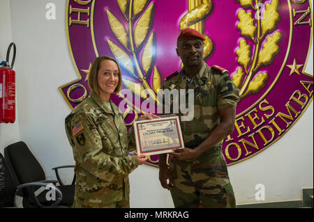 Gabon americani e partecipare alla cerimonia di chiusura della preparazione medica Esercizio 17-4 all'ospedale d'istruzione des Armees a Libreville, Gabon, Giugno 23. MEDRETE 17-4 include partecipanti dal Governo Gabonese, U.S. Esercito in Africa e la XIV combattere ospedale di supporto a Fort Benning, Ga. È il quarto di una serie di preparazione medica esercizi di addestramento che USARAF è programmato per facilitare in vari paesi in Africa. Il reciprocamente benefiche esercizio offre opportunità di partnership forze armate per condividere le best practice e migliorare il trattamento medico processo Foto Stock