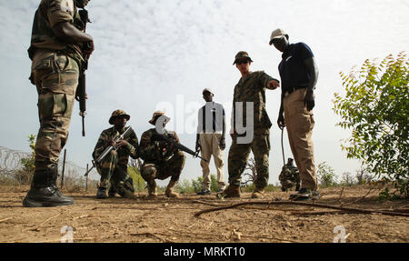 Lancia Cpl. Mason Shaw, un ingegnere di combattimento con scopi speciali Air-Ground Marine Task Force - Risposta in caso di crisi - Africa, rileva una anomalia nella baseline per i soldati con il Senegal di quinta contingente in Mali durante una delle operazioni di mantenimento della pace di formazione missionaria a Thies, Senegal, 7 giugno 2017. Marines e marinai con SPMAGTF-CR-AF è servita come istruttori e progettato il corso di formazione per migliorare il commandos' abilità per distribuire con successo a sostegno delle Nazioni Unite alle missioni di mantenimento della pace nel continente. (U.S. Marine Corps foto di Sgt. Samuel Guerra/rilasciato) Foto Stock