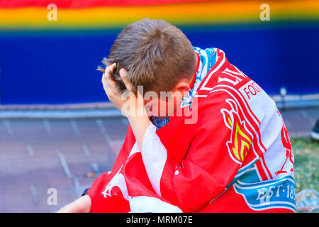 Kiev 2018 Champions League Liverpool della ventola è triste, la finale di Champions League, la vittoria e la sconfitta Foto Stock