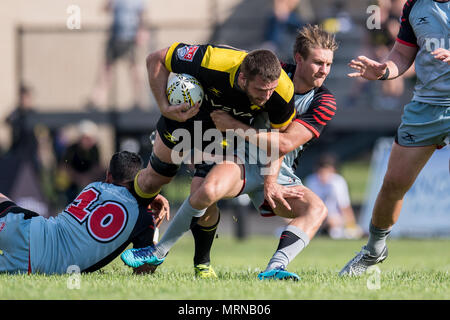 Houston, TX, Stati Uniti d'America. 26 Maggio, 2018. Major League Rugby azione tra la Houston SaberCats e lo Utah Warriors a Dyer Stadium di Houston, TX. The Warriors ha vinto il gioco da 36 a 30.Trask Smith/CSM/Alamy Live News Foto Stock