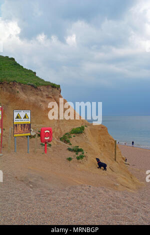 Dorset, Regno Unito. 26 maggio 2018. May Bank Holiday Weekend. Da sola persona sorge sulla sommità di scogli pericolosi a West Bay nel Dorset dove in passato le parti della famosa scogliera hanno dato modo. Cartelli di avvertimento sono stati messi in atto dal indicando i pericoli ma ancora persone si mettono a rischio e altri al di sotto. Robert Timoney/Alamy/Live/News Foto Stock