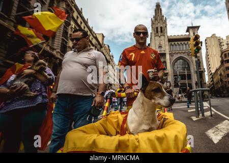 Barcellona, Spagna. 27 Maggio 2018: dimostranti marzo con le loro bandiere e cartelli attraverso la città di Barcellona per protestare contro il catalano il movimento separatista sotto lo slogan "Senza parità non c è pace' Credit: Matthias Oesterle/Alamy Live News Foto Stock