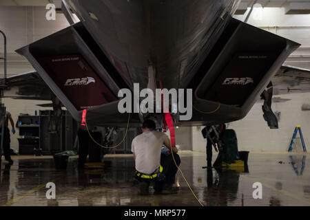 Stati Uniti Air Force Airman 1. Classe Joshua Aujero, 1a manutenzione aeromobili squadrone, 27 Manutenzione aeromobili unità capo equipaggio, pulisce la parte anteriore del carrello di atterraggio di un F-22 Raptor nel rack di lavaggio a base comune Langley-Eustis, Va., 19 giugno 2017. Il rack di lavaggio non è utilizzato solo per pulire la F-22 ma è anche usata per le ispezioni. (U.S. Air Force foto/Staff Sgt. J.D. Forte II) Foto Stock