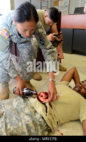 Il Mag. Jennifer Knox, il comando chirurgo per esercito10th aria e la difesa missilistica comando, utilizza acqua tinto per terminare il moulage su Pvt. Kadisha maggio, un paziente admin uno specialista con un trentesimo medico quartier generale di brigata e sede società fuori di Sembach Kaserne, Germania, durante la massa vittima la formazione medica Luglio 14, 2017 a Mihail Kogalniceanu Air Base, Romania, come parte dell'esercizio Saber del tutore 17. Saber Guardian è un U.S. Esercito Europa-led, esercizio di multinazionali che si estende attraverso la Bulgaria, l Ungheria e la Romania con più di 25.000 membri del servizio da 22 alleati e partner delle nazioni. (U.S. Esercito pho Foto Stock