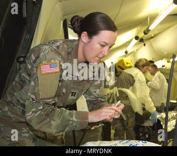 US Army Capt. Ashley Denoyer, chief paziente amministratore della 212th Combat Support Hospital, 30 vigili del medico, prepara un paziente di oggetti personali per il rimessaggio durante un incidente di massa esercizio a Mihail Kogalniceanu Air Base, Romania il 16 luglio 2017. L'esercizio era una parte di Saber Custode, un comando europeo, US Army Europa-led esercizio tra gli Stati Uniti e i suoi alleati e partner che abbraccia diversi paesi in Europa Orientale ed è progettato per favorire la disponibilità e a promuovere la pace nella regione. (Foto di esercito PFC. Nicholas Vidro, 7 Mobile degli affari pubblici distacco) Foto Stock