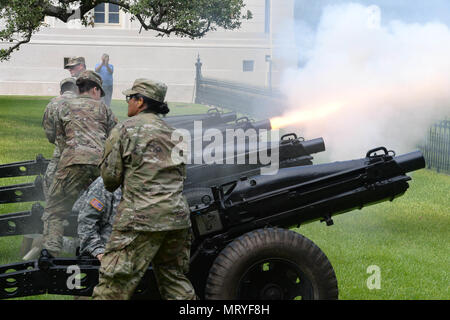 Il Texas Army National Guard per la trentaseiesima divisione di fanteria ha accolto con favore il Mag. Gen. S. Lee Henry come il loro nuovo comandante generale pur esprimendo la lode e di apprezzamento per il Mag. Gen. Lester Simpson, che ha comandato la trentaseiesima fin dal 2014, in una cerimonia di fronte al Texas State Capitol Building di Austin in Texas, 15 luglio, 2017. (U.S. Esercito nazionale Guard foto di Sgt. Michael Giles) Foto Stock