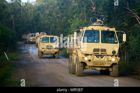 Luce di medie tactical veicoli appartenenti al New York Army National Guard per lasciare Samuele Camp Hill in un convoglio a Shnoalwater Bay, Queensland, Australia, durante l'esercizio talismano Saber, 15 luglio. Durante l'esercizio, una serie di giochi di guerra, New York Esercito Nazionale soldati di guardia combatté contro e a fianco di Australia e Nuova Zelanda personale. (U.S. Esercito nazionale Guard foto di Sgt. Alexander rettore) Foto Stock