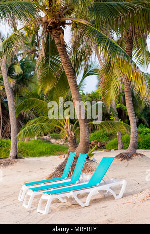 Banana sedie a sdraio in un paradiso di spiaggia di sabbia con palme tropicali Foto Stock