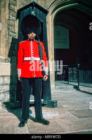 La regina della guardia su sentry presso la Torre di Londra, Inghilterra. Foto Stock