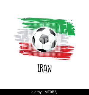 Scritto a mano la parola "Iran" con pallone da calcio, campo da calcio e i colori astratti della bandiera iraniana. Illustrazione Vettoriale. Illustrazione Vettoriale