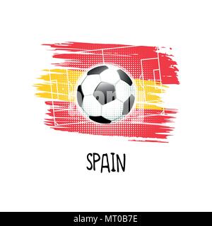 Scritto a mano la parola " Spagna " con pallone da calcio, campo da calcio e i colori astratti della bandiera spagnola. Illustrazione Vettoriale. Illustrazione Vettoriale